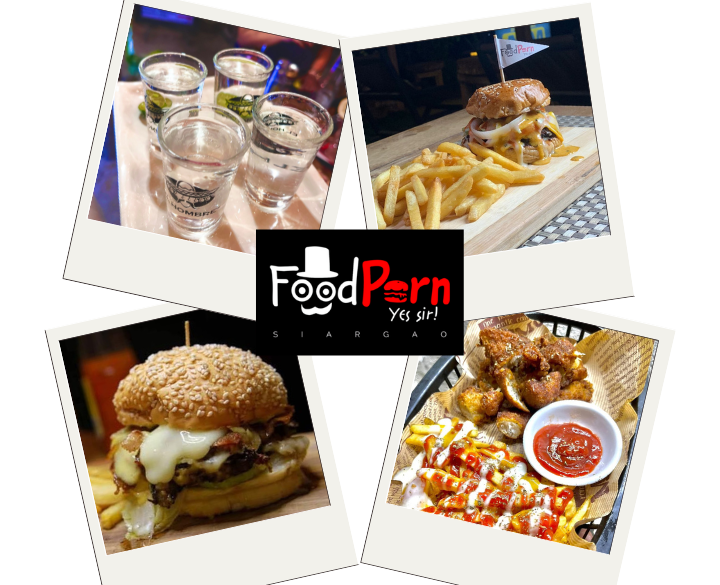 Collage of food and drinks including tequila shots, burgers with fries, and chicken wings surrounding the FoodPorn Siargao logo.