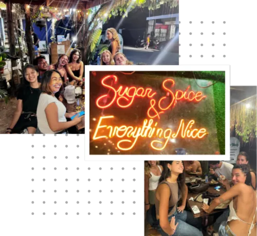 Group of friends dining and laughing at an outdoor night spot with a neon sign that reads ‘Sugar Spice & Everything Nice’ in the center.