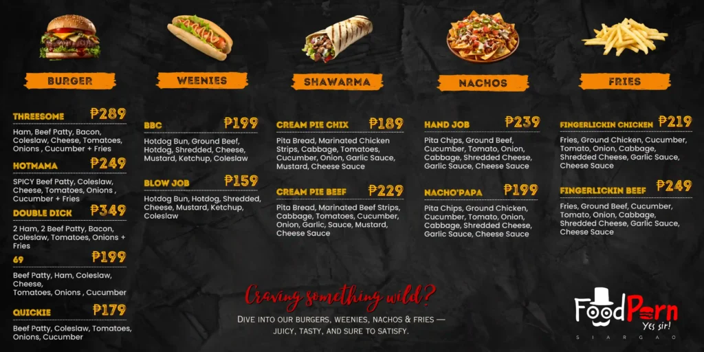 FoodPorn Siargao menu featuring burgers, weenies, shawarma, nachos, and fries with item names, descriptions, and prices displayed on a dark textured background.